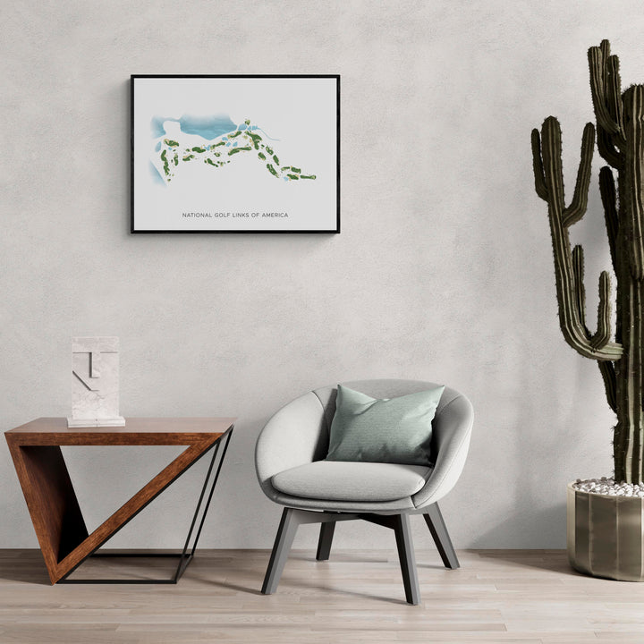 Modern Map of National Golf Links Of America in a living room with large cactus plant