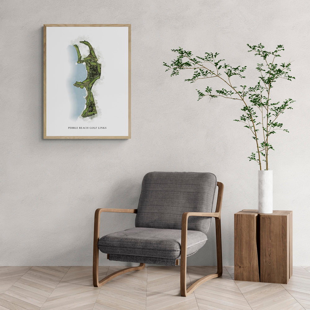 Classic Map of Pebble Beach Golf Links with a comfy armchair and large plant