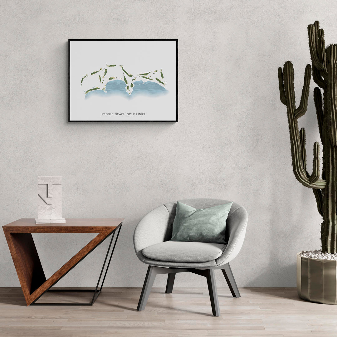 Modern Map of Pebble Beach Golf Links in a living room with large cactus plant