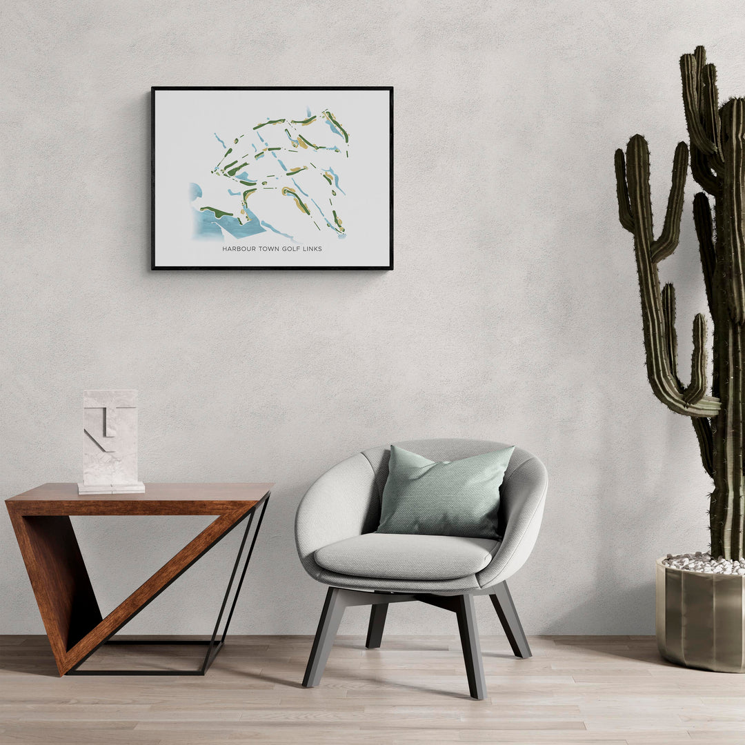 Modern Map of Harbour Town Golf Links in a living room with large cactus plant