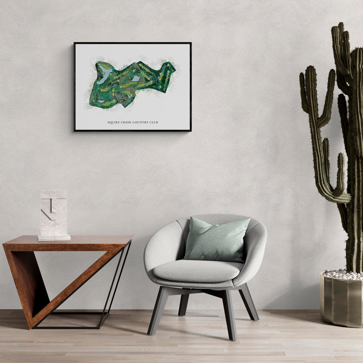 Classic Map of Squire Creek Country Club in a living room with large cactus plant