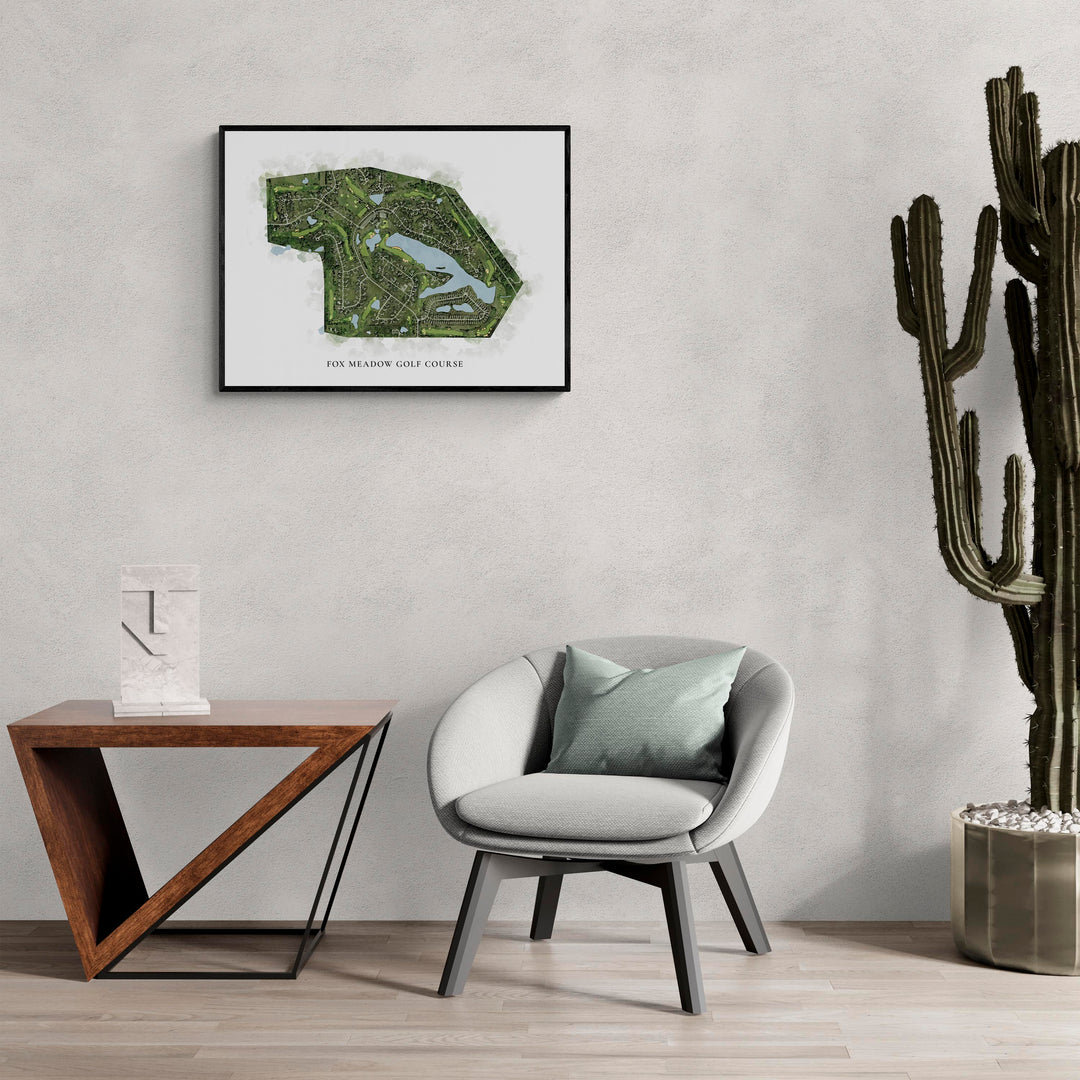 Classic Map of Fox Meadow Golf Course in a living room with large cactus plant