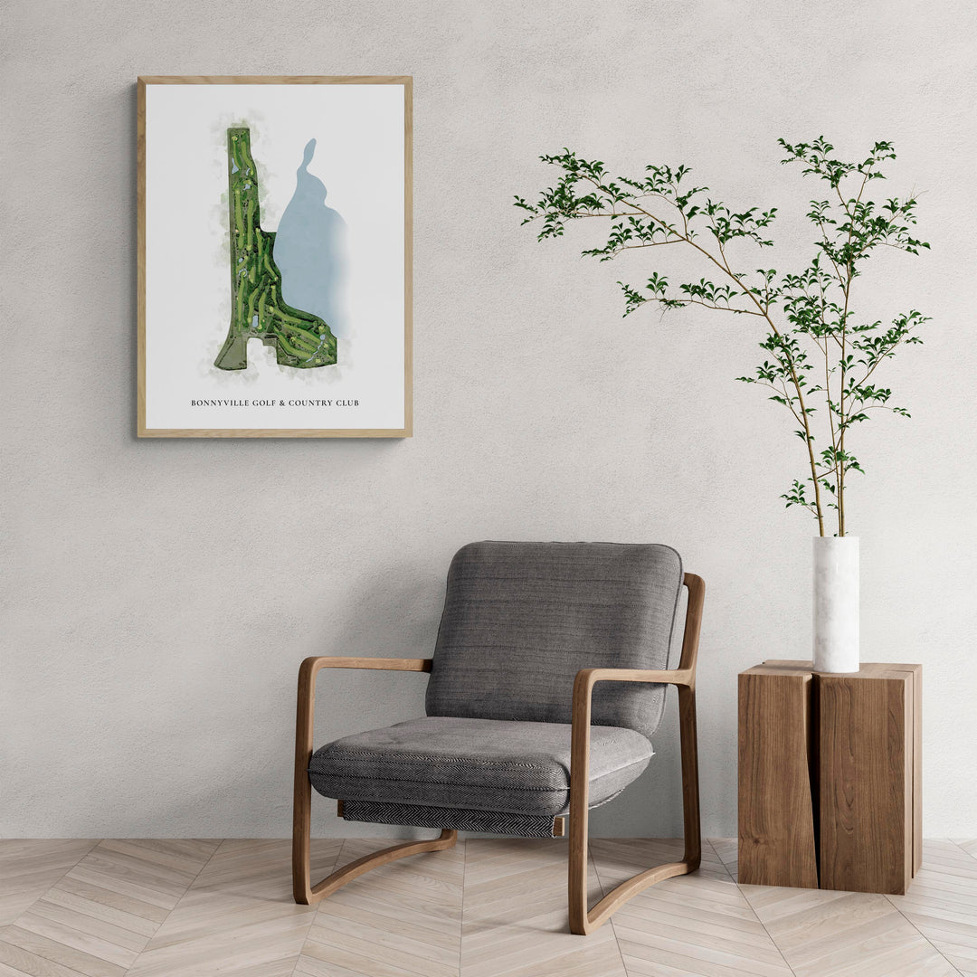 Classic Map of Bonnyville Golf &amp; Country Club with a comfy armchair and large plant