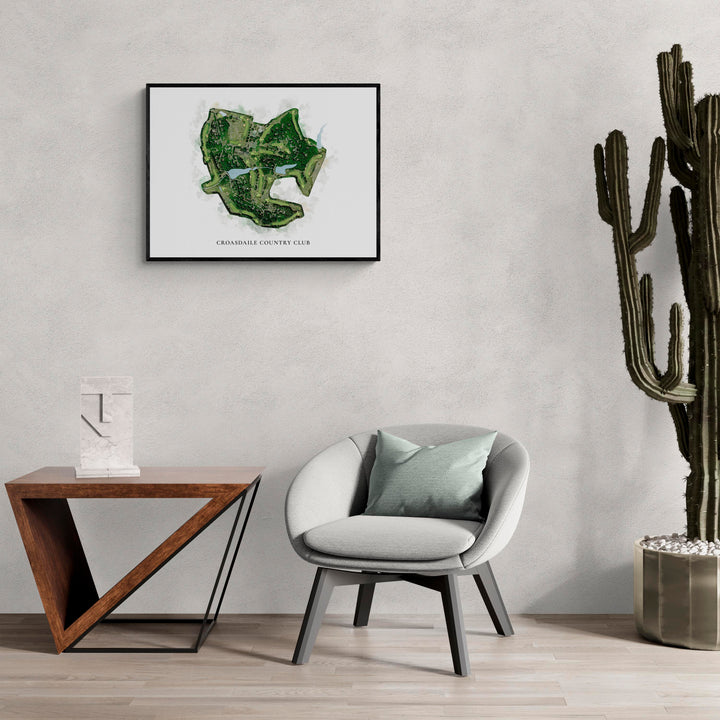 Classic Map of Croasdaile Country Club in a living room with large cactus plant