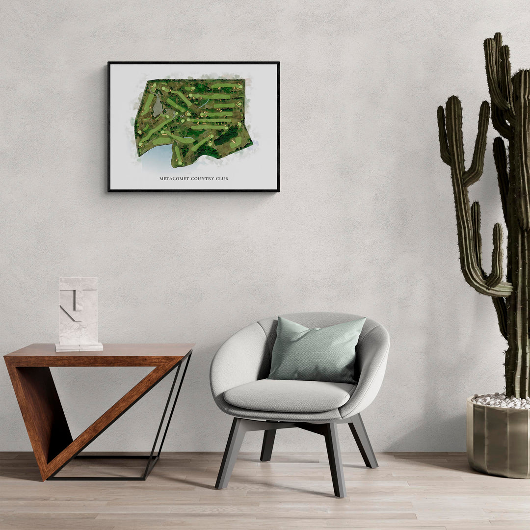 Classic Map of Metacomet Country Club in a living room with large cactus plant