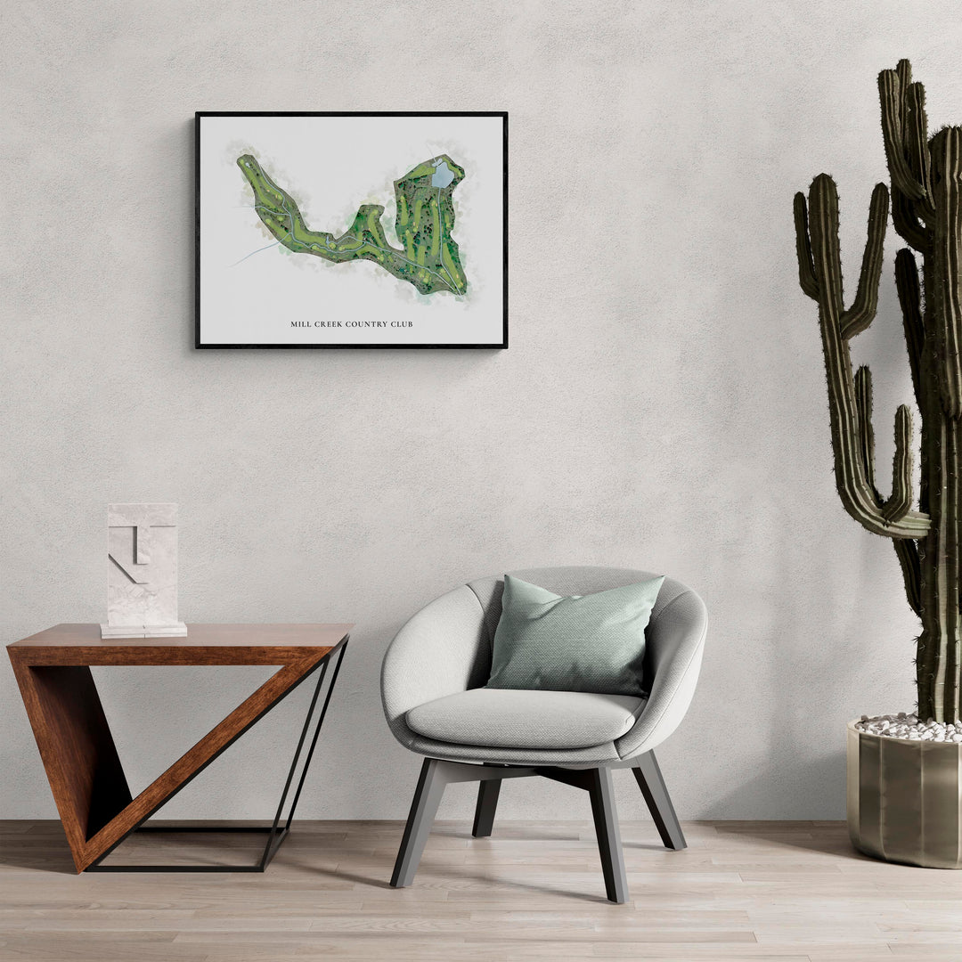 Classic Map of Mill Creek Country Club in a living room with large cactus plant