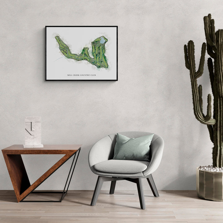 Classic Map of Mill Creek Country Club in a living room with large cactus plant