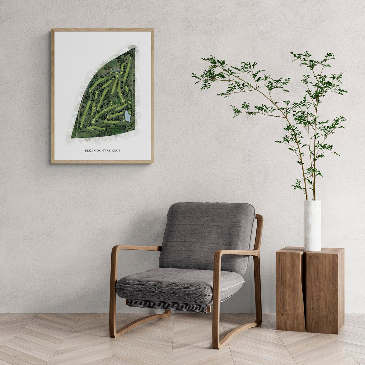 Classic Map of Elks Country Club with a comfy armchair and large plant