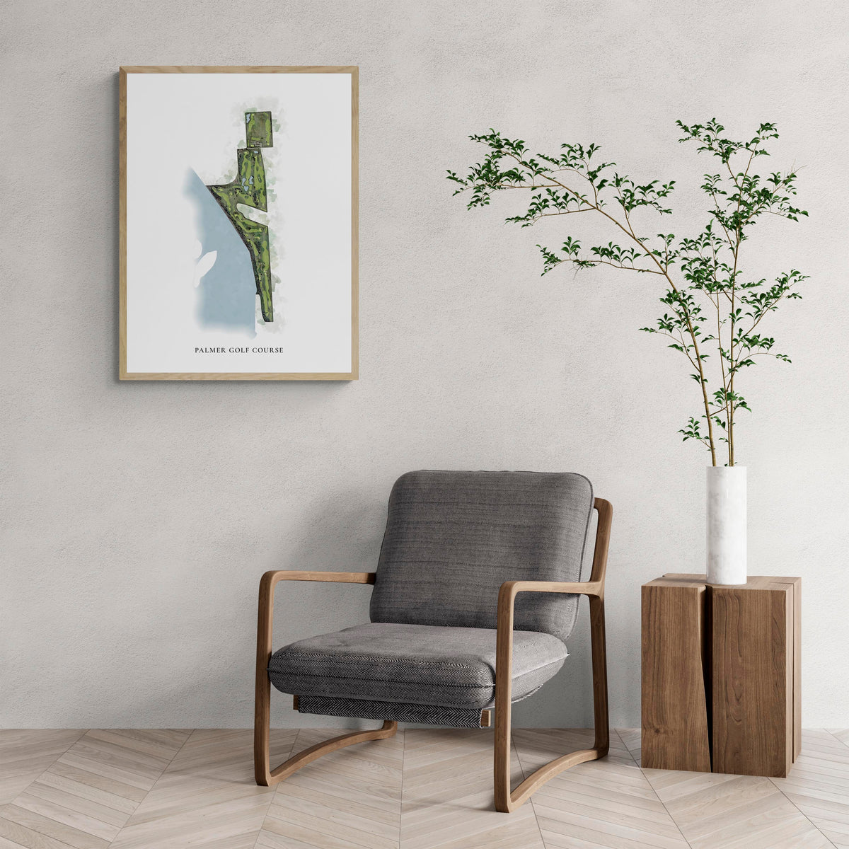 Classic Map of Palmer Golf Course with a comfy armchair and large plant