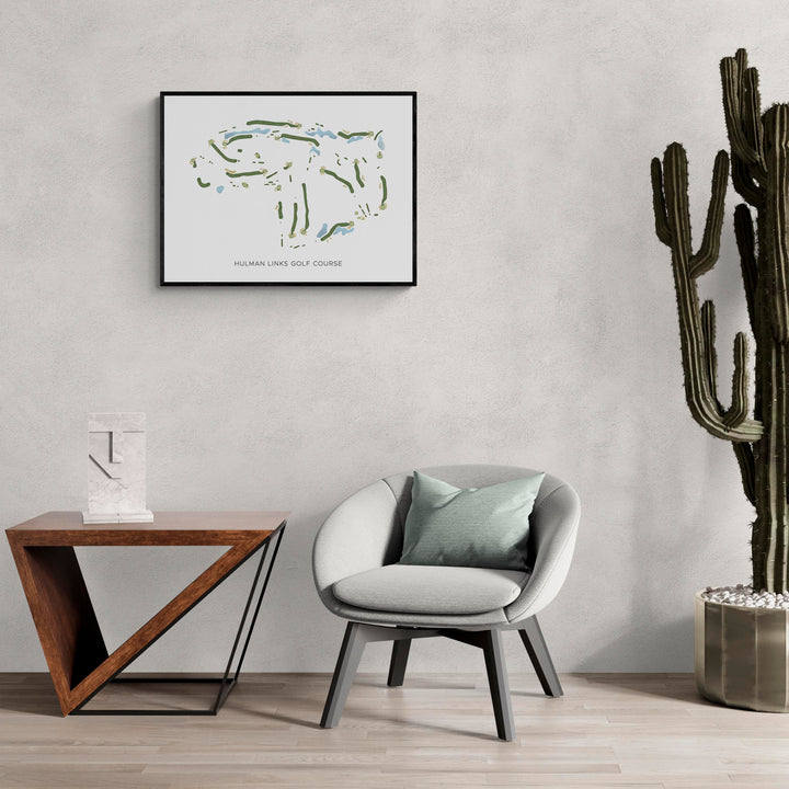 Modern Map of Hulman Links Golf Course in a living room with large cactus plant