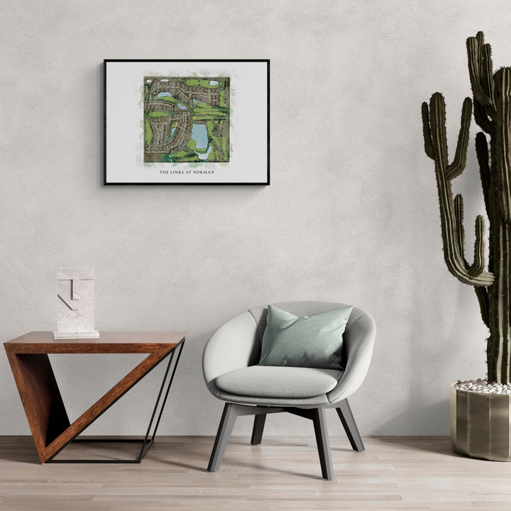 Classic Map of The Links At Norman in a living room with large cactus plant