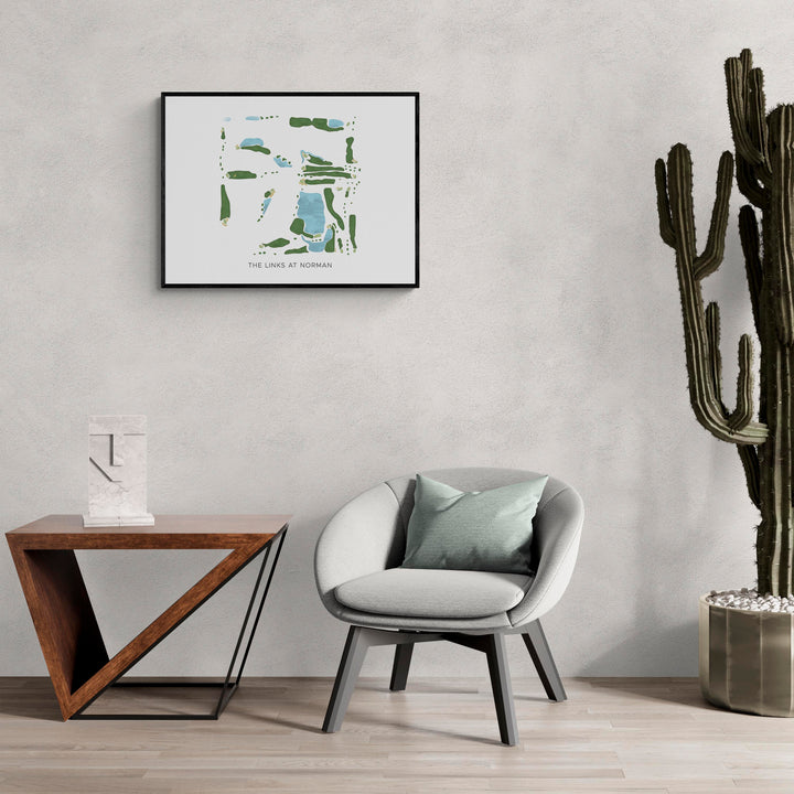 Modern Map of The Links At Norman in a living room with large cactus plant