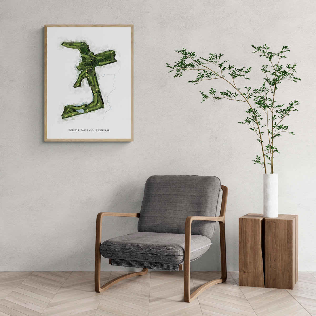 Classic Map of Forest Park Golf Course with a comfy armchair and large plant