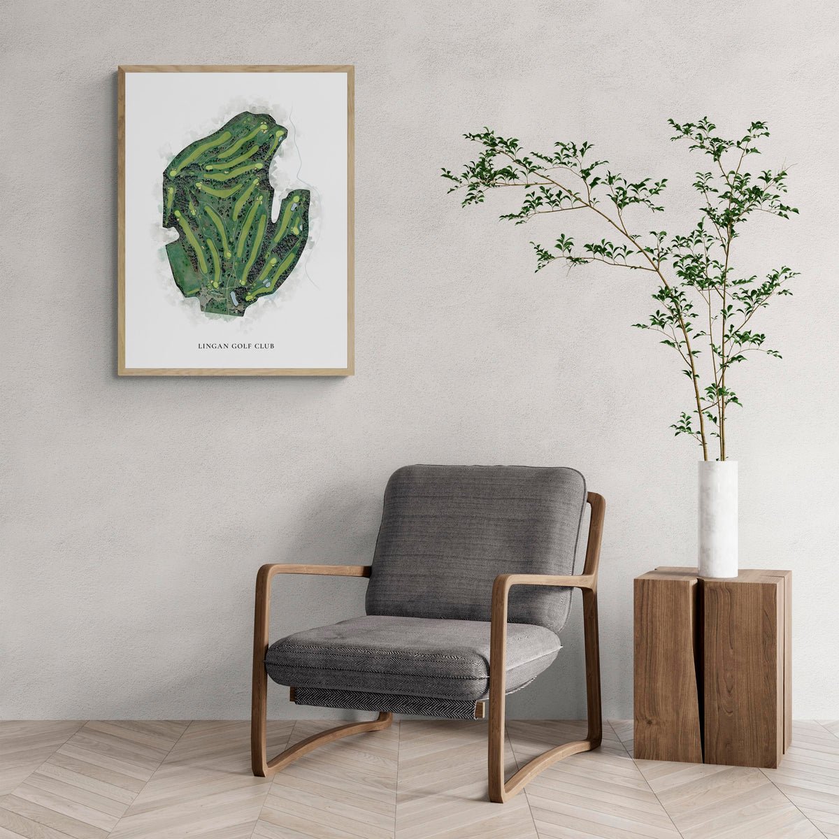 Classic Map of Lingan Golf Club with a comfy armchair and large plant