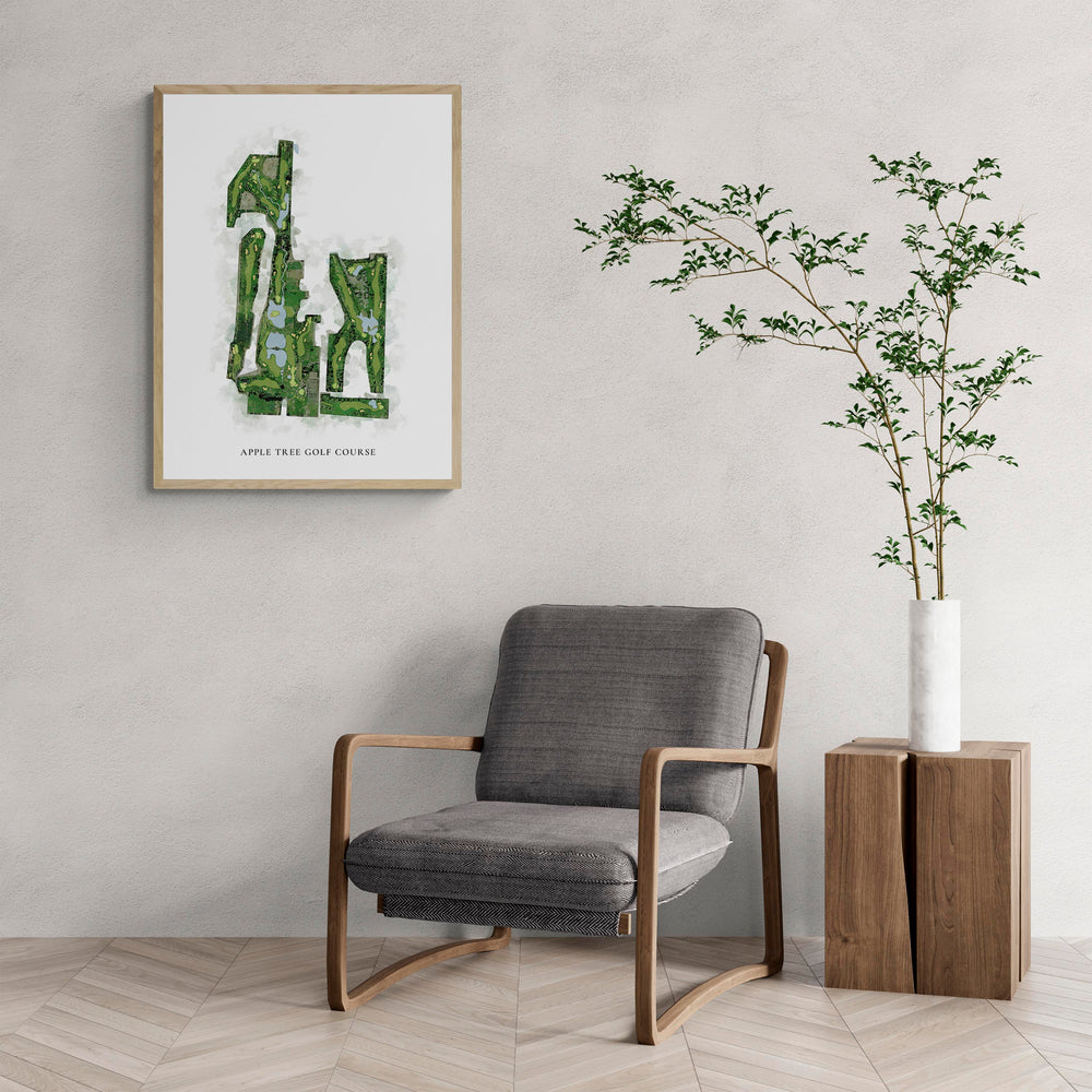 Classic Map of Apple Tree Golf Course with a comfy armchair and large plant