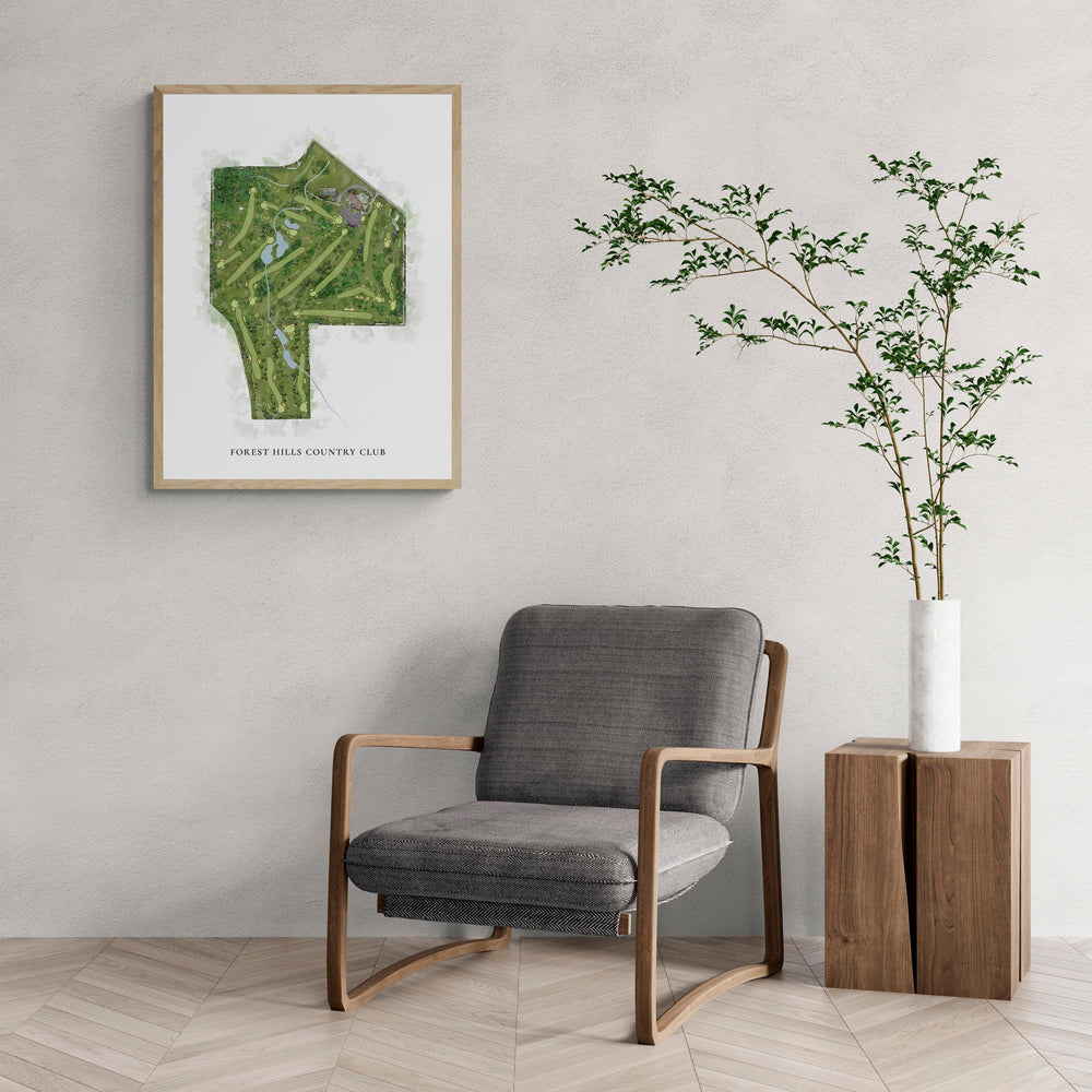 Classic Map of Forest Hills Country Club with a comfy armchair and large plant