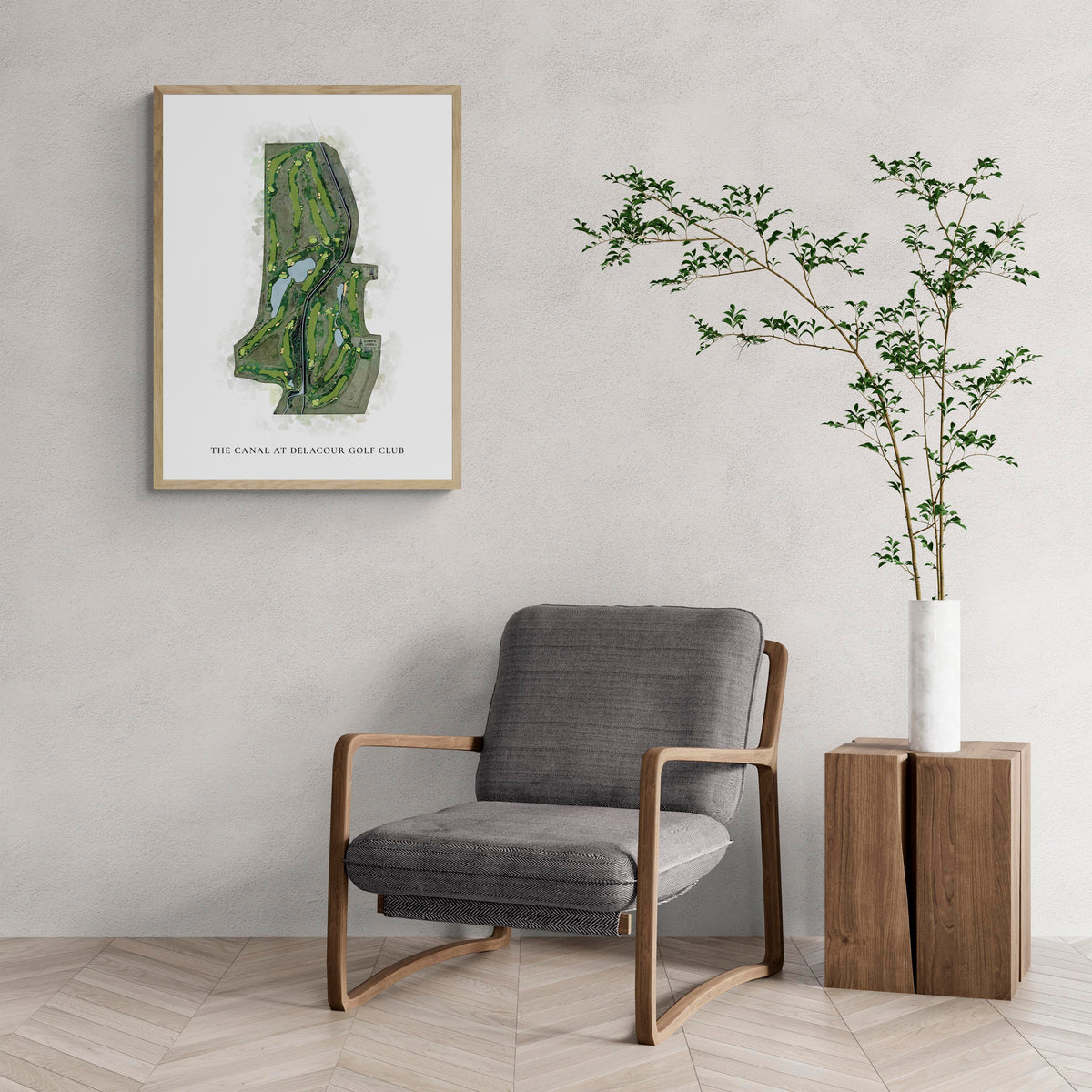 Classic Map of The Canal At Delacour Golf Club with a comfy armchair and large plant