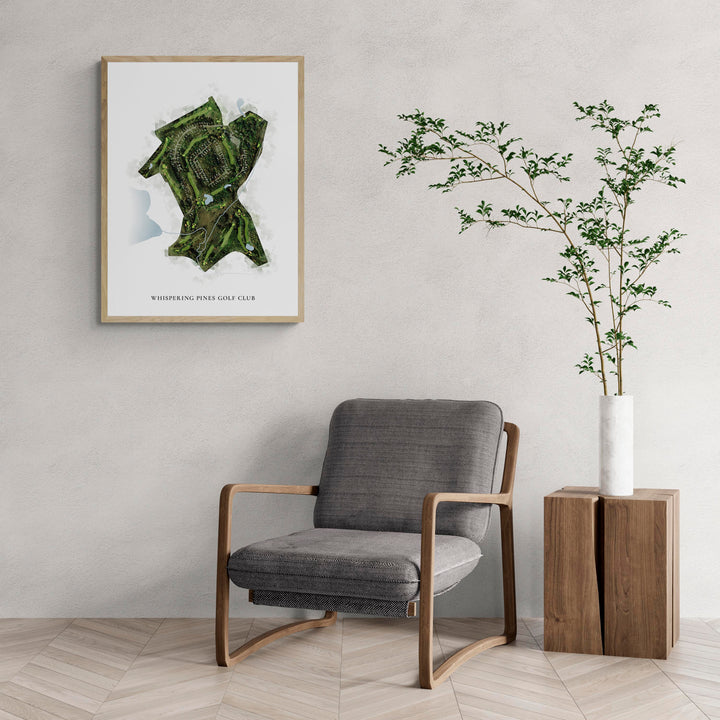 Classic Map of Whispering Pines Golf Club with a comfy armchair and large plant