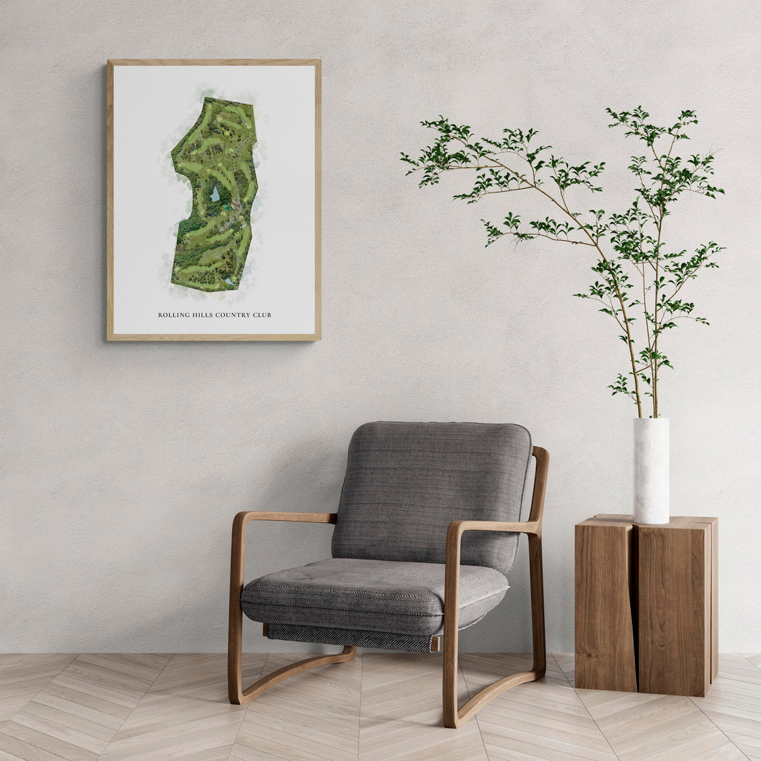 Classic Map of Rolling Hills Country Club with a comfy armchair and large plant