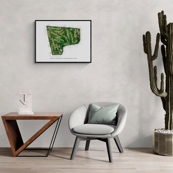 Classic Map of The Bay Course At Seaview Golf Club in a living room with large cactus plant