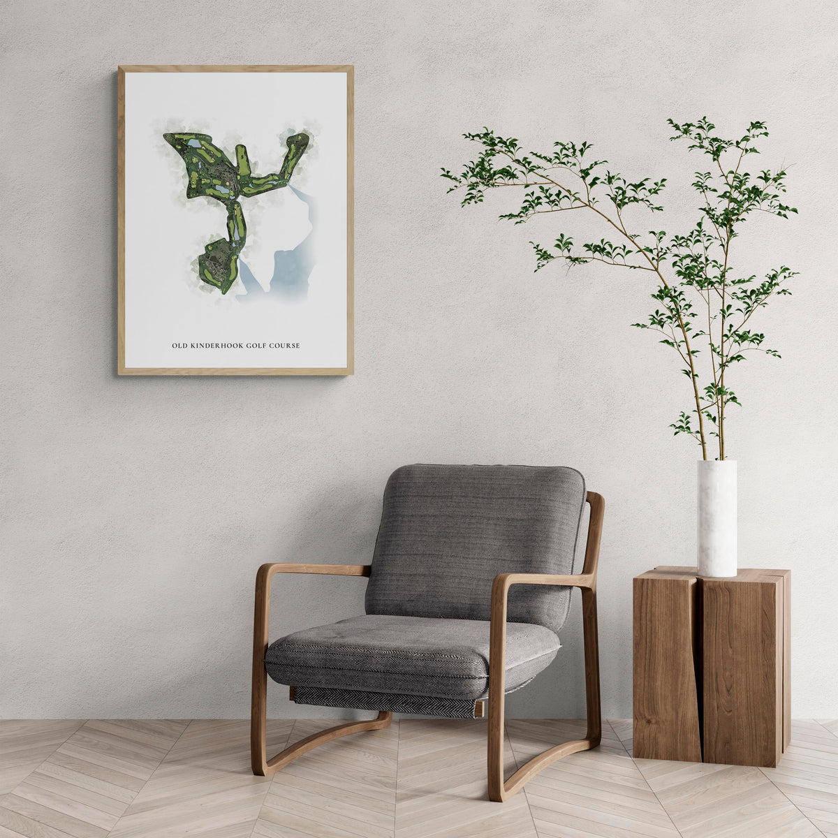 Classic Map of Old Kinderhook Golf Course with a comfy armchair and large plant