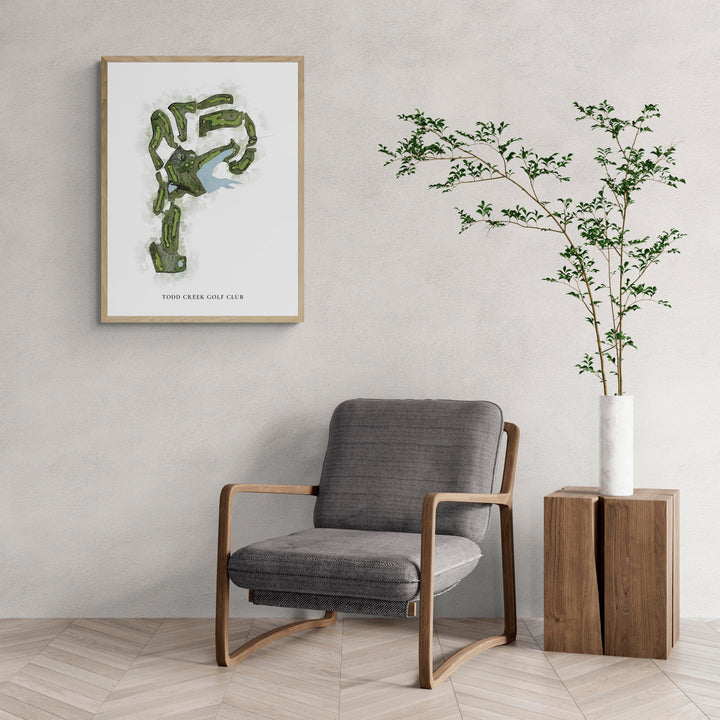 Classic Map of Todd Creek Golf Club with a comfy armchair and large plant