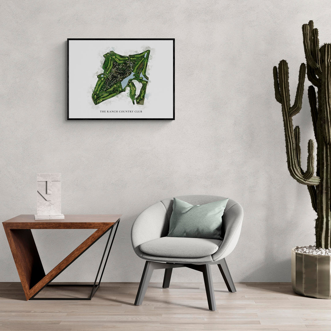 Classic Map of The Ranch Country Club in a living room with large cactus plant