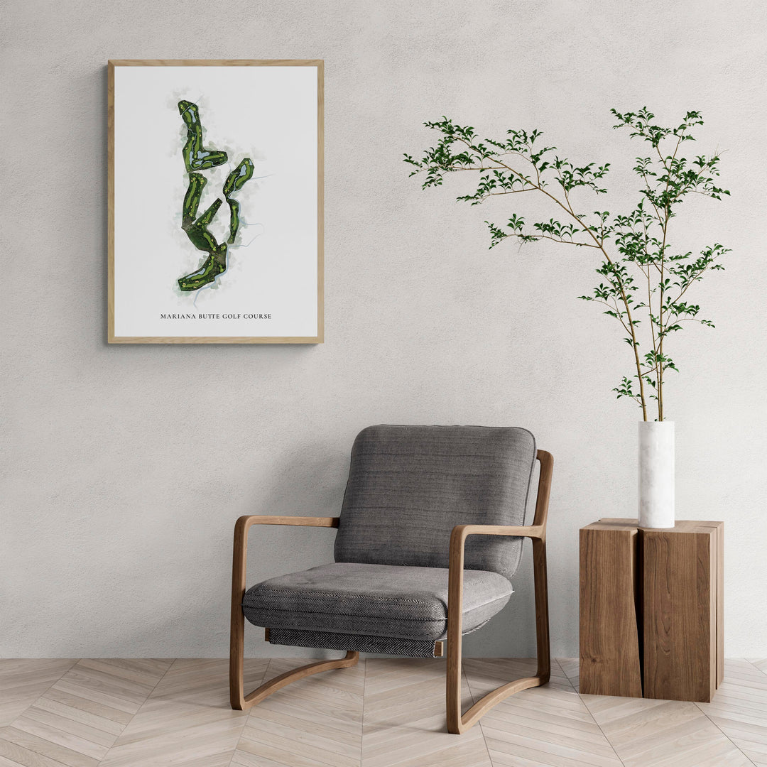 Classic Map of Mariana Butte Golf Course with a comfy armchair and large plant