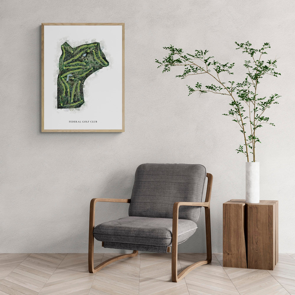 Classic Map of Federal Golf Club with a comfy armchair and large plant