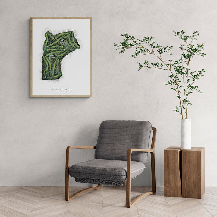 Classic Map of Federal Golf Club with a comfy armchair and large plant