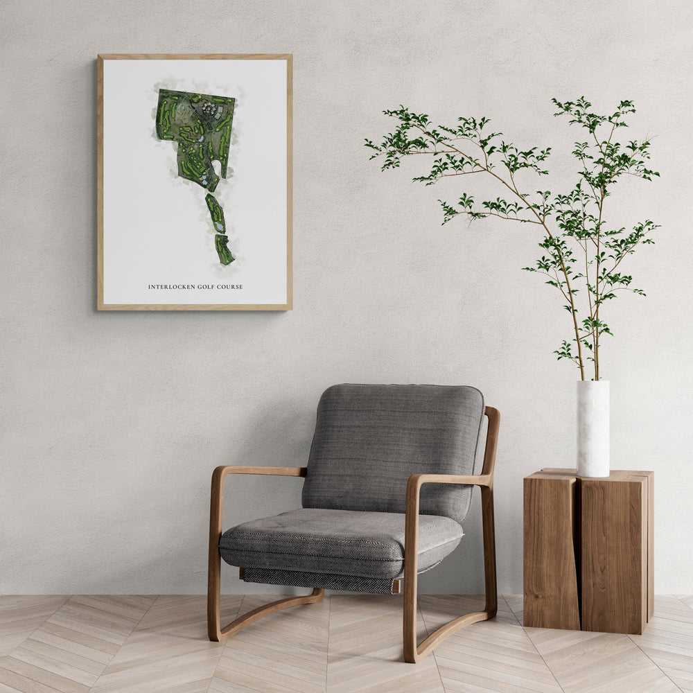 Classic Map of Interlocken Golf Course with a comfy armchair and large plant