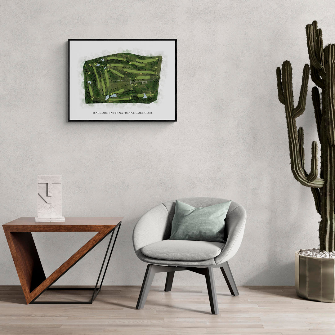 Classic Map of Raccoon International Golf Club in a living room with large cactus plant