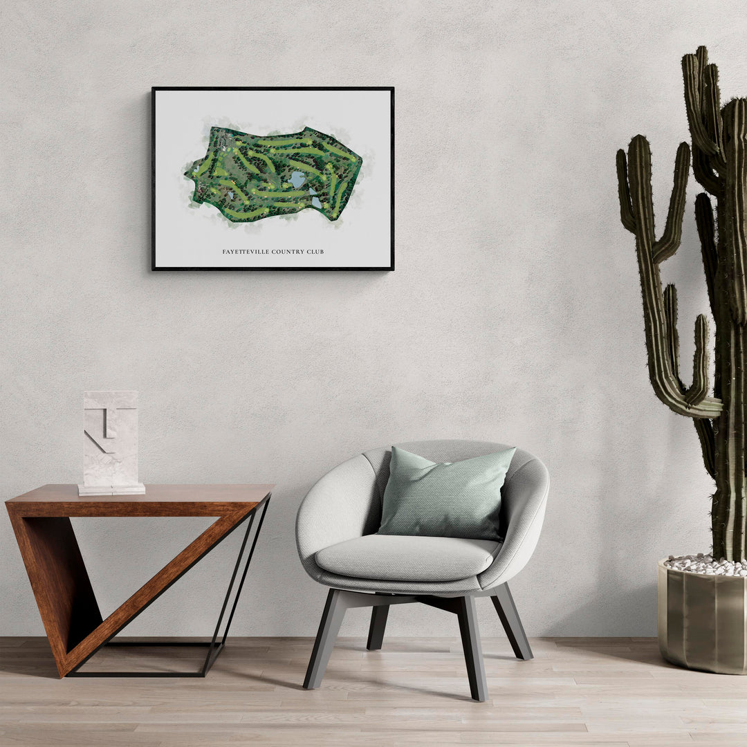 Classic Map of Fayetteville Country Club in a living room with large cactus plant