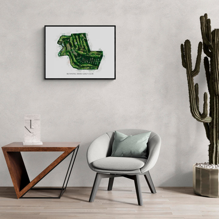 Classic Map of Running Deer Golf Club in a living room with large cactus plant