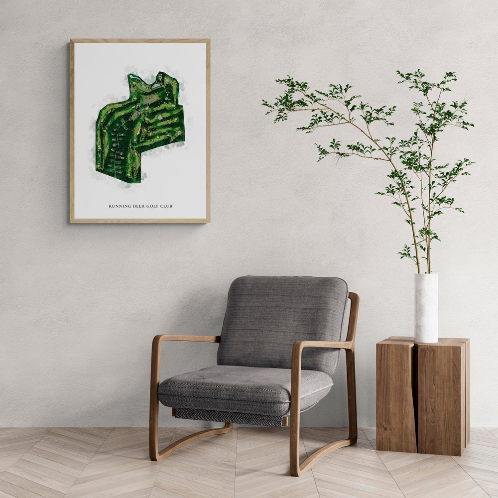 Classic Map of Running Deer Golf Club with a comfy armchair and large plant