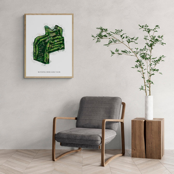 Classic Map of Running Deer Golf Club with a comfy armchair and large plant