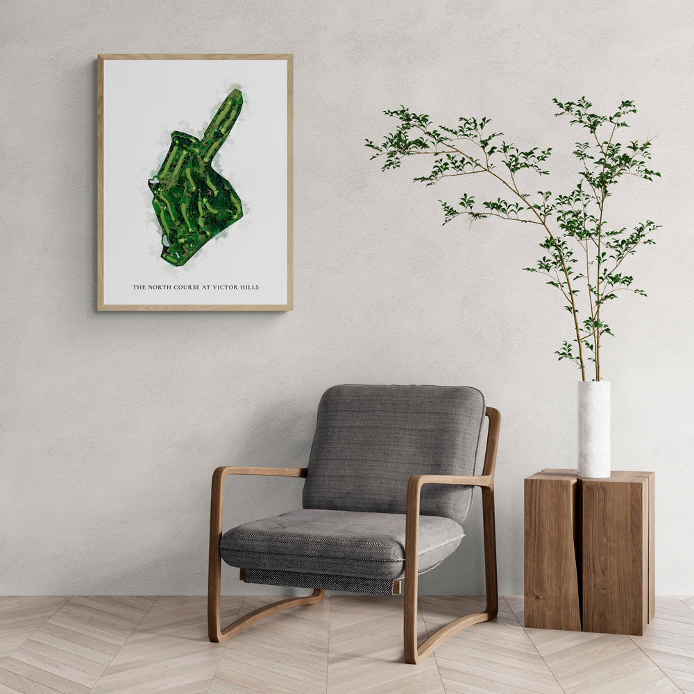 Classic Map of The North Course At Victor Hills with a comfy armchair and large plant