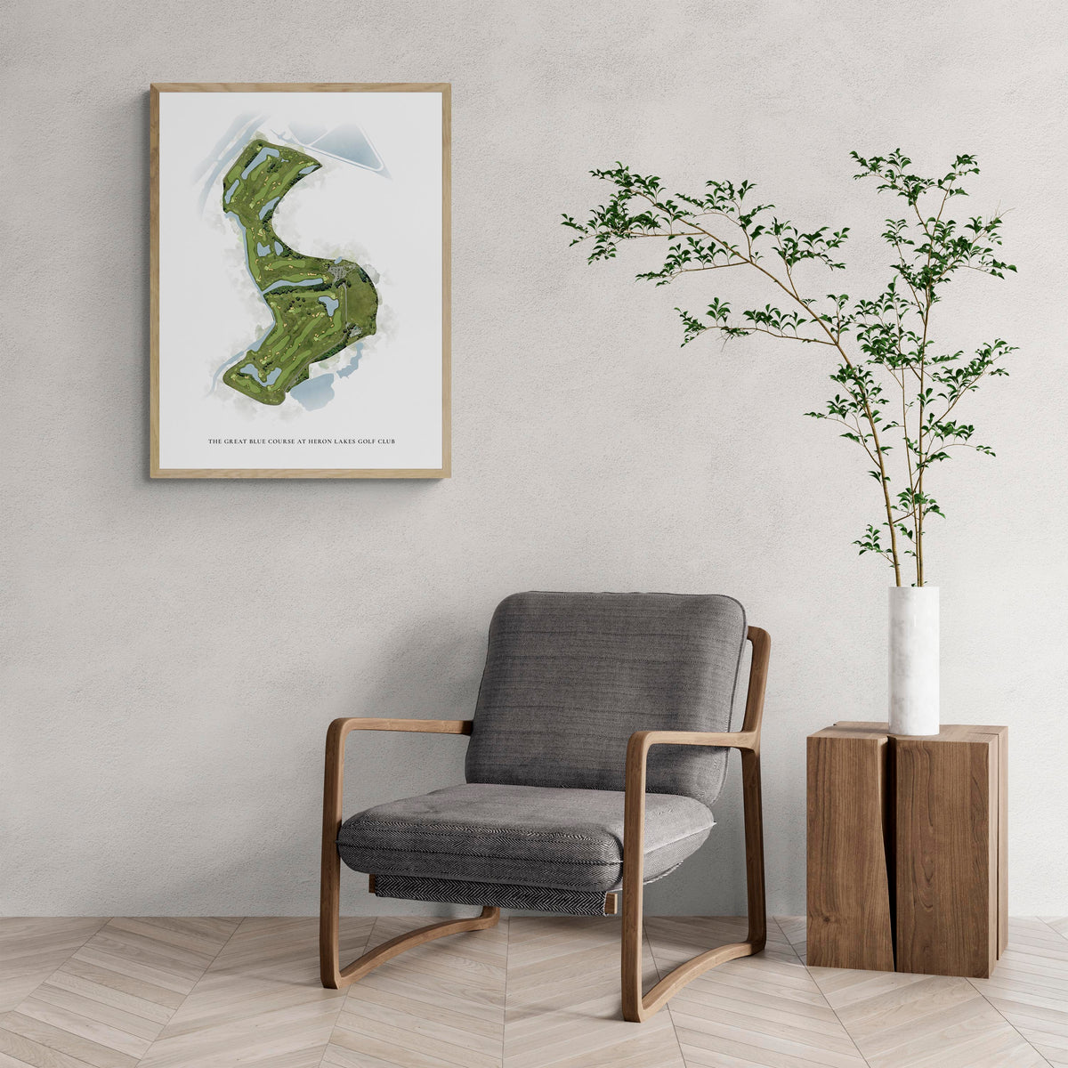 Classic Map of  The Great Blue Course At Heron Lakes Golf Club with a comfy armchair and large plant
