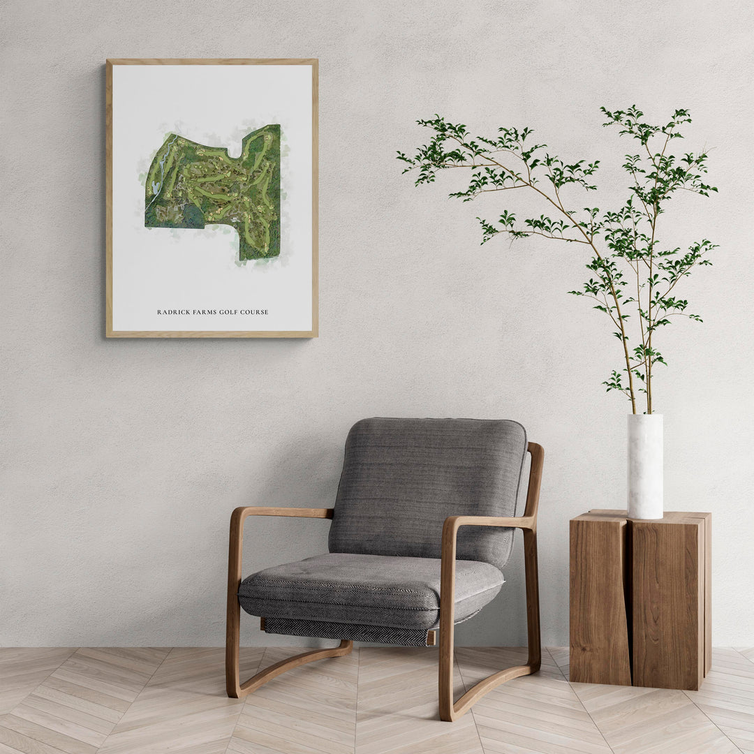 Classic Map of Radrick Farms Golf Course with a comfy armchair and large plant