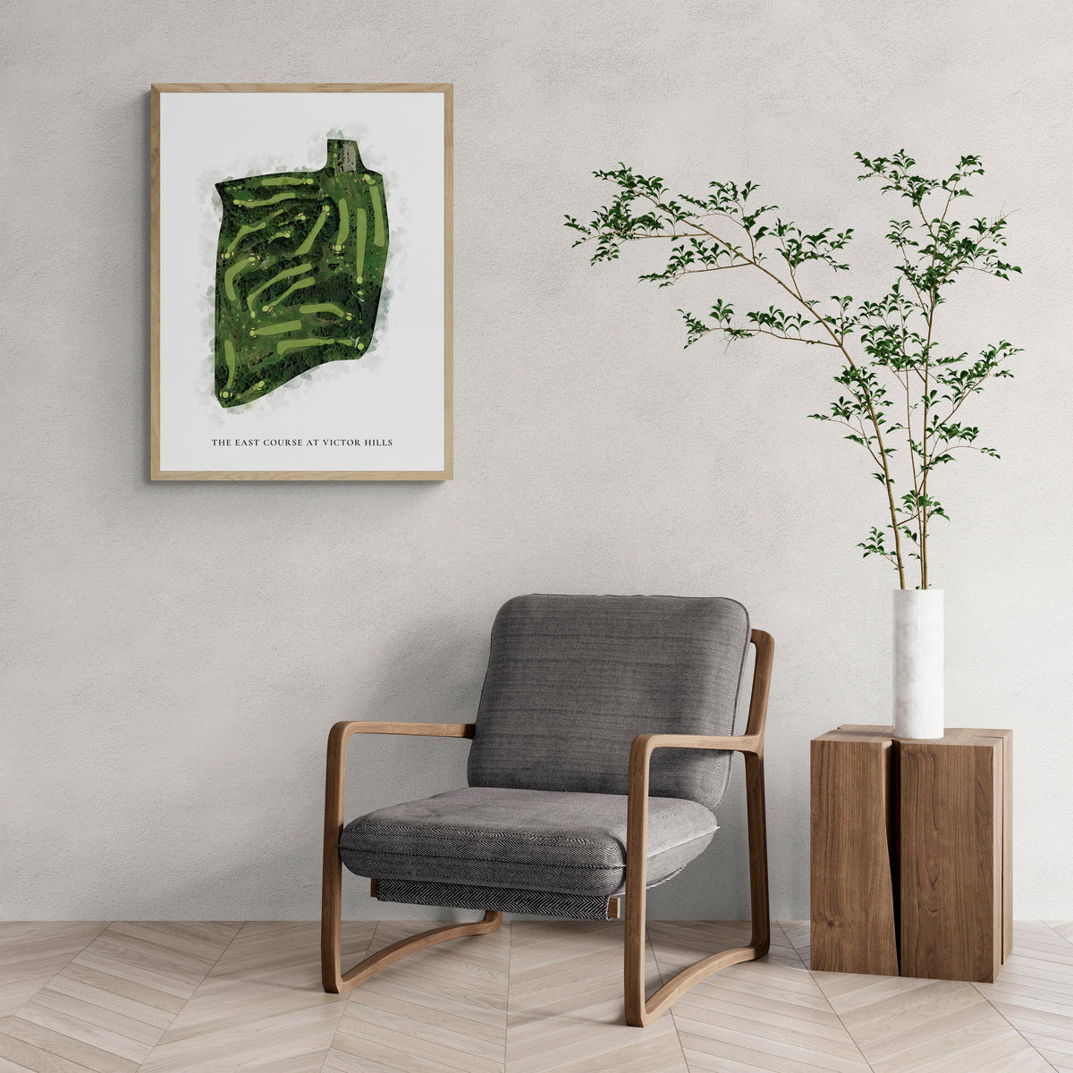 Classic Map of The East Course At Victor Hills with a comfy armchair and large plant