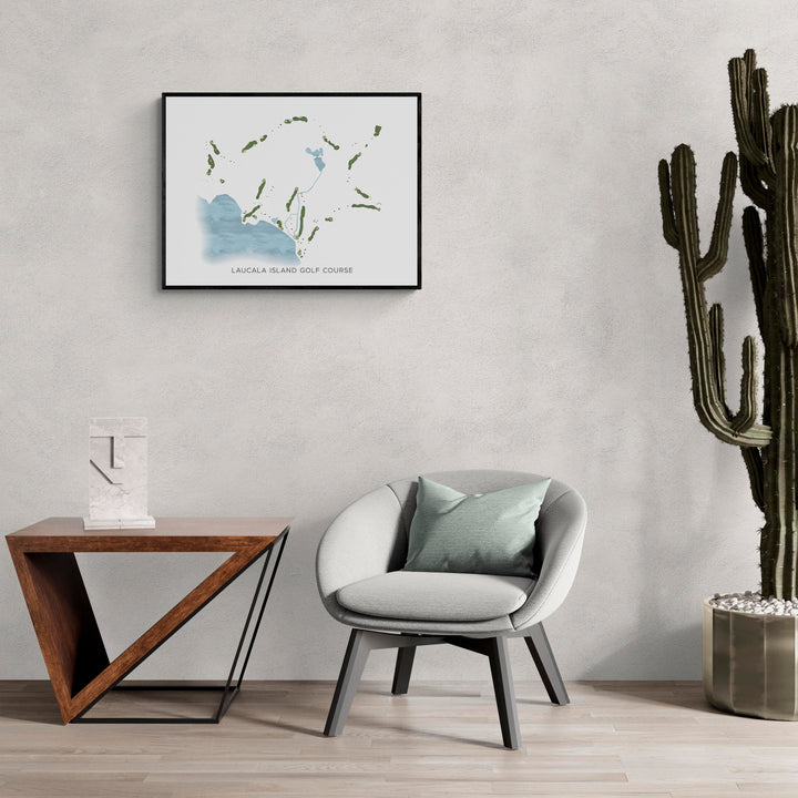 Modern Map of Laucala Island Golf Course in a living room with large cactus plant