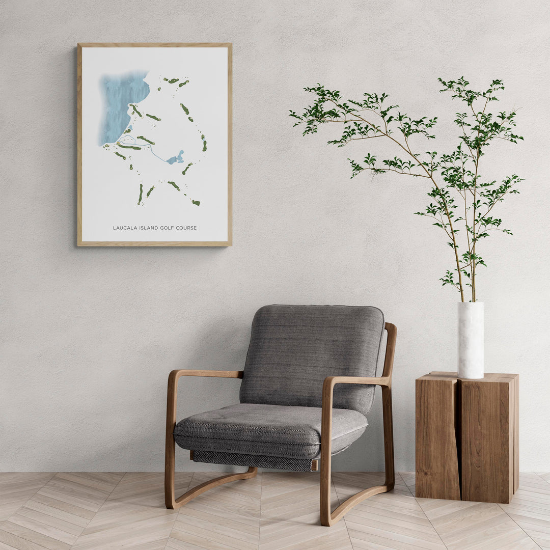 Modern Map of Laucala Island Golf Course with a comfy armchair and large plant