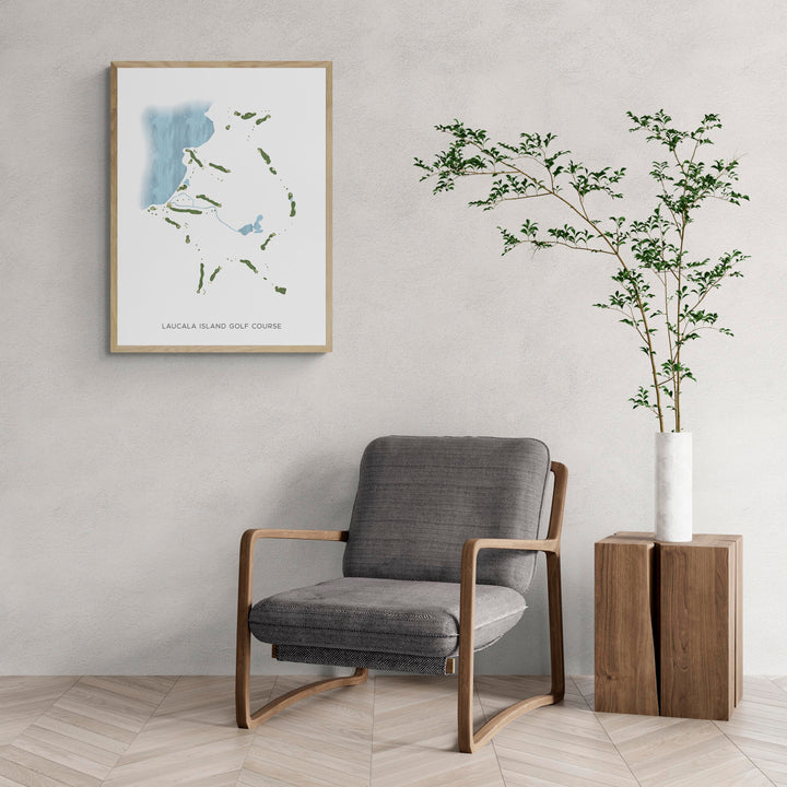 Modern Map of Laucala Island Golf Course with a comfy armchair and large plant