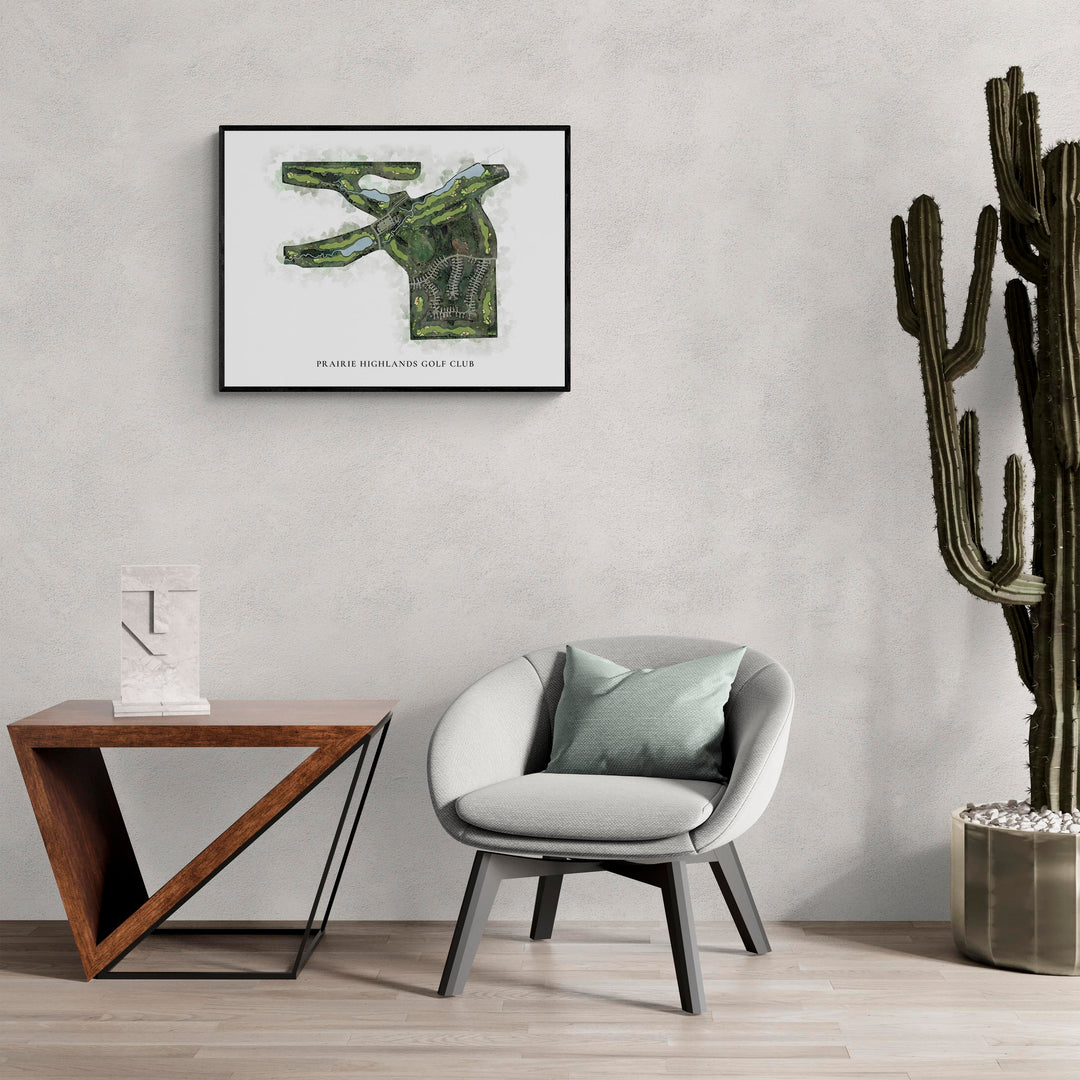 Classic Map of Prairie Highlands Golf Club in a living room with large cactus plant