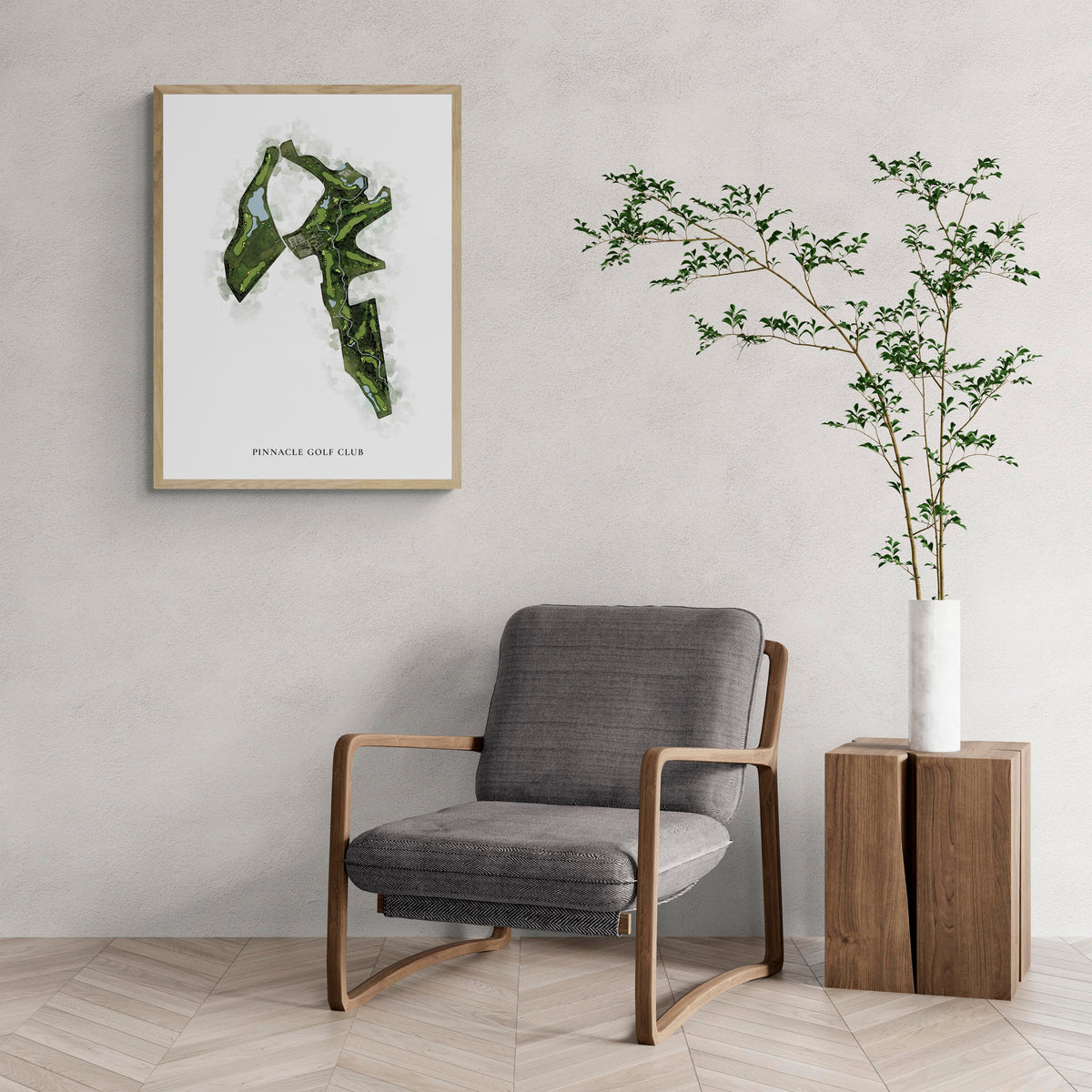 Classic Map of Pinnacle Golf Club with a comfy armchair and large plant