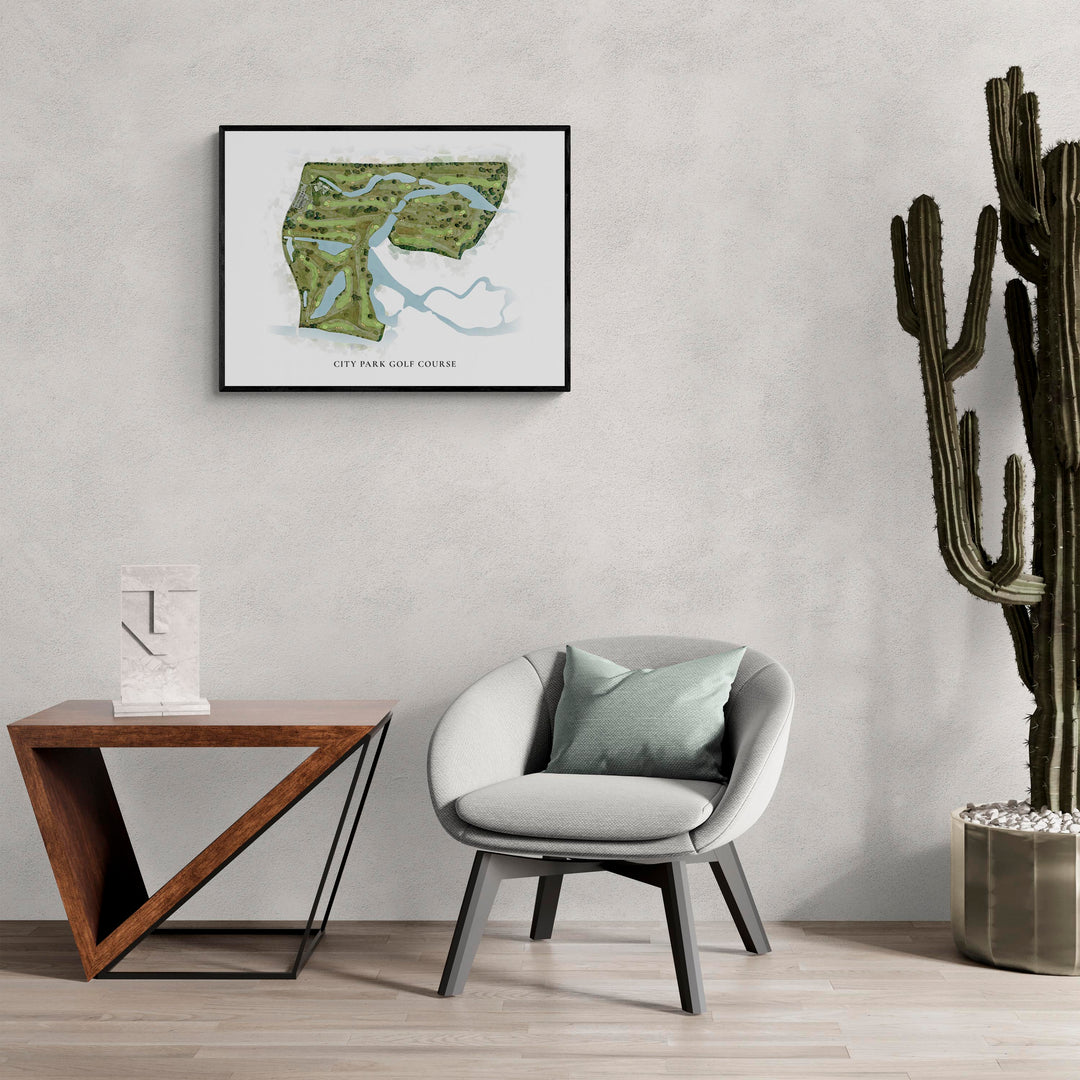 Classic Map of City Park Golf Course in a living room with large cactus plant