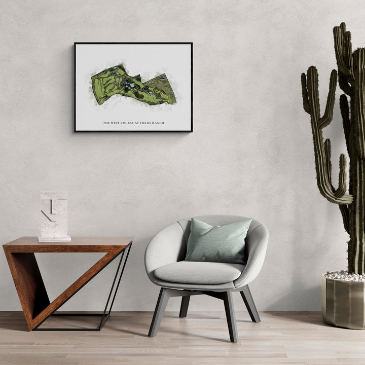 Classic Map of The West Course At Fields Ranch in a living room with large cactus plant