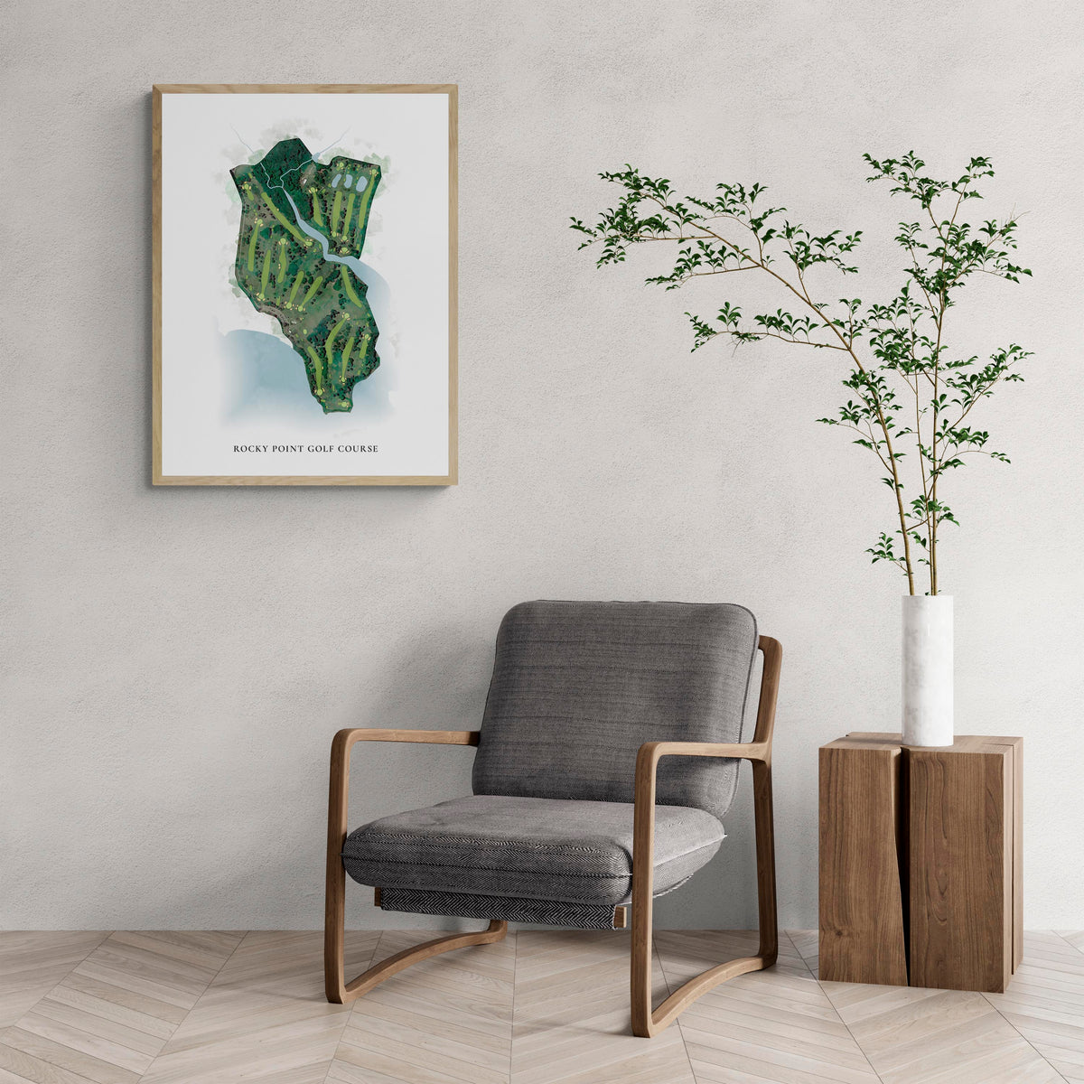 Classic Map of Rocky Point Golf Course with a comfy armchair and large plant