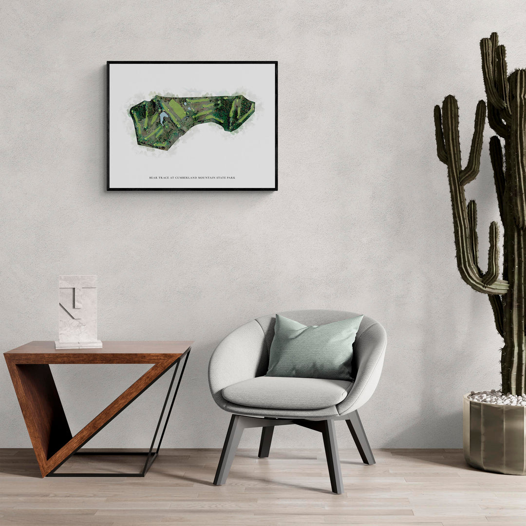 Classic Map of Bear Trace At Cumberland Mountain State Park in a living room with large cactus plant