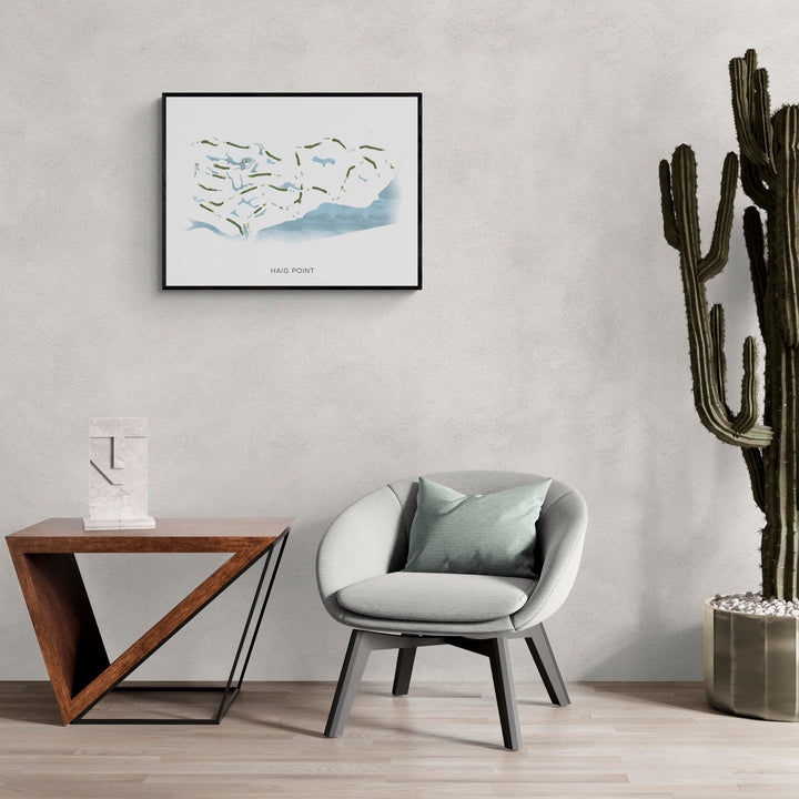 Modern Map of Haig Point in a living room with large cactus plant